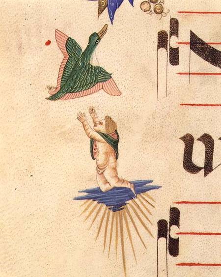 Missal 515 f.13v A cloaked cherub trying to catch a flying bird, from a decorative border from Filippo di Matteo Torelli