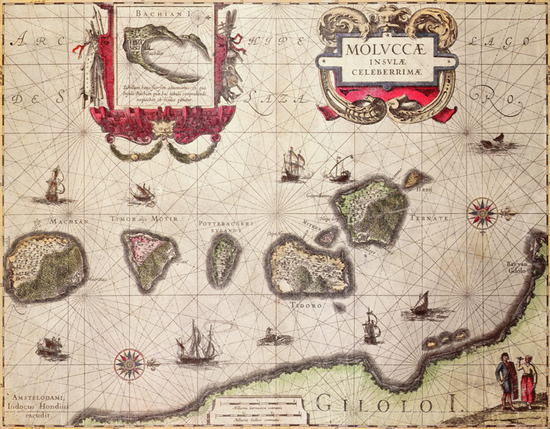 Map of The Moluccan Island; engraved by Jodocus Hondius (colour engraving) from Flemish School