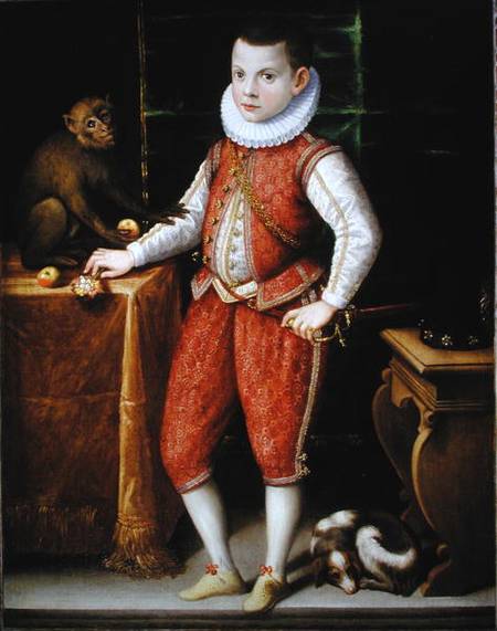 Portrait of a Young Nobleman with a Monkey and a Dog from Flemish School