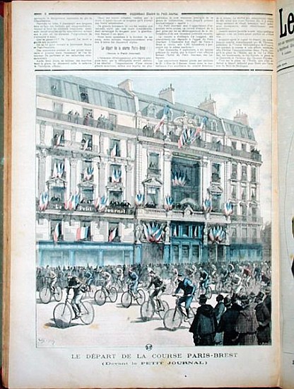 The start of the Paris-Brest bicycle race in front of the offices of ''Le Petit Journal'', illustrat from Fortune Louis Meaulle