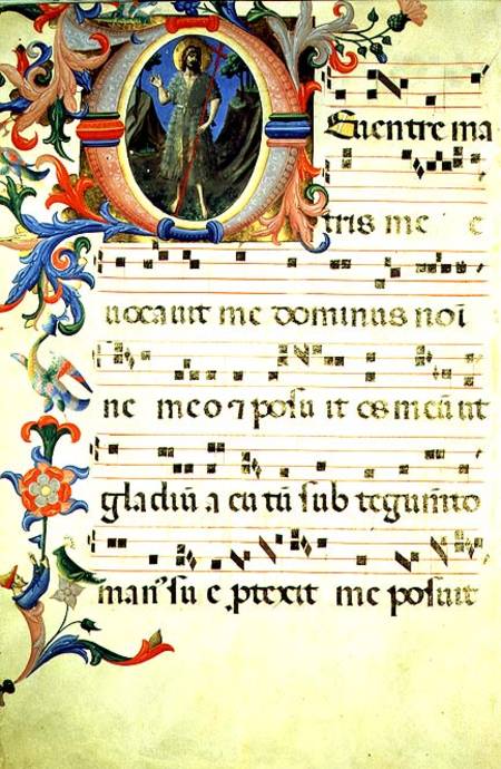 Ms 558 f.55v Page of choral notation with an historiated initial 'O' depicting St. John the Baptist, from Fra Beato Angelico