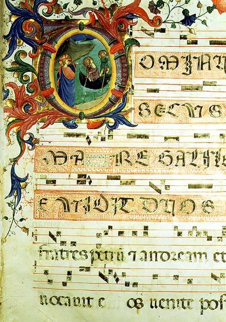 Ms 558 f.9r Historiated initial 'O' depicting the Calling of St. Peter and St. Andrew with musical n from Fra Beato Angelico