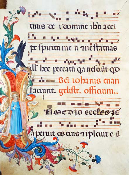 Ms 558 f.13v Historiated initial 'I' depicting St. John the Evangelist, with page of musical notatio from Fra Beato Angelico