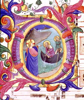 Missal 558 f.9r Historiated initial 'O' depicting the Miraculous Draught of Fishes (detail of 88928) from Fra Beato Angelico