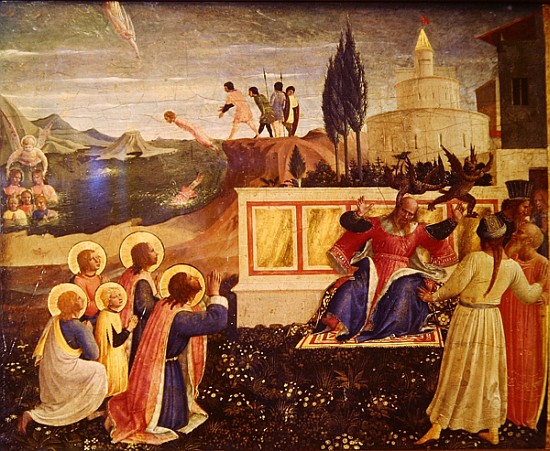 Saints Cosmas and Damian are thrown into the sea; demons escape from the mouth of the proconsul Lysi from Fra Beato Angelico