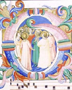 Missal 558 f.41v Historiated initial 'G' depicting the Pentecost