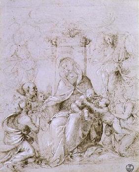 Madonna and Child enthroned with St. John the Baptist presented by an angel and St. Monica (pen and