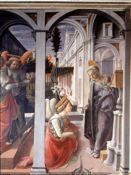 The Annunciation, detail of Angel Gabriel and Virgin from Fra Filippo Lippi