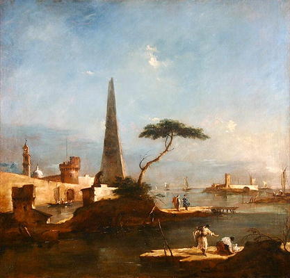 Obelisk beside the entrance to a walled harbour (oil on canvas) from Francesco Guardi