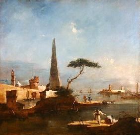 Obelisk beside the entrance to a walled harbour (oil on canvas)