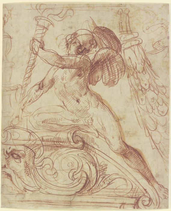 Putto mit brennender Fackel auf einem Rundgiebel kniend from Francesco Salviati