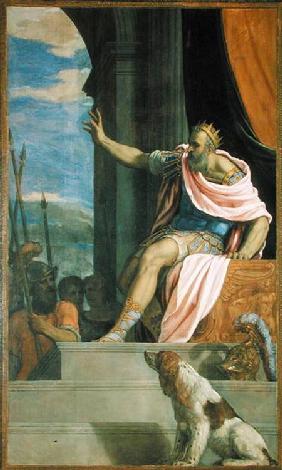 Saul throwing the lance at the head of David