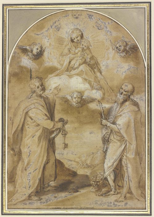 Die Madonna mit dem Jesuskind erscheint in einer engelgesäumten Gloriole den Heiligen Petrus und Hie from Francesco Vanni