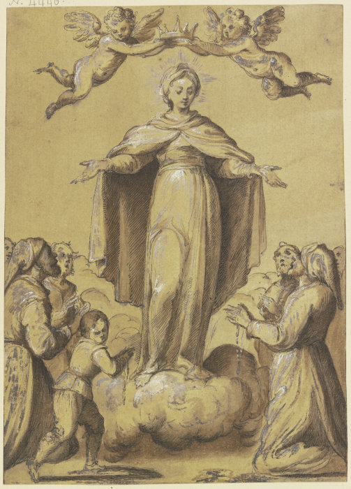 Maria auf Wolken stehend, zwischen Anbetenden mit Rosenkränzen from Francesco Vanni