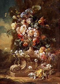 Blumenstrauss into clay vase on a Balustrade