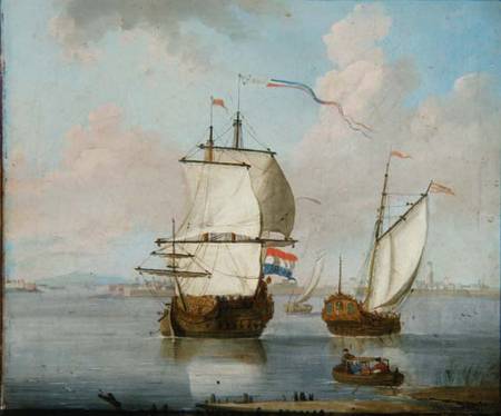 A Dutch East Indian man and a Royal Yacht in an Estuary with a Town Beyond from Francis Swaine