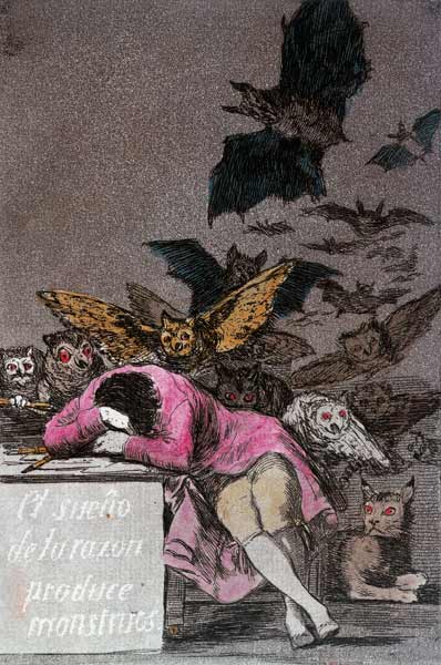 The Sleep of Reason Produces Monsters, plate 43 of 'Los Caprichos', published c.1810 (colour engravi from Francisco José de Goya