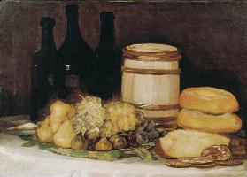 Quiet life with fruits, bottles and breads