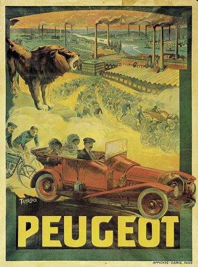 Poster advertising Peugeot cars from Francisco Tamagno