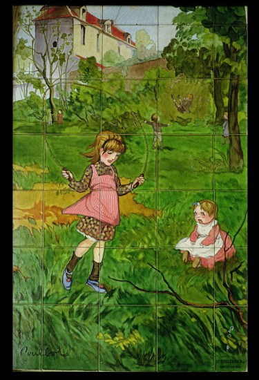 Tiles decorated with children playing in a garden from Francisque Poulbot
