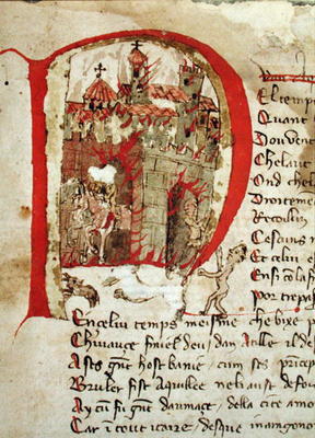 Ms Est 27 W 8.17 f.1r Historiated initial depicting Attila the Hun (c.406-453) burning the city of A from Franco-Italian School, (15th century)