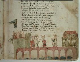 Ms Est 27 W 8.17 f.2r A Meeting on a Bridge, from 'The War of Attila' by Nicola da Casola (vellum)