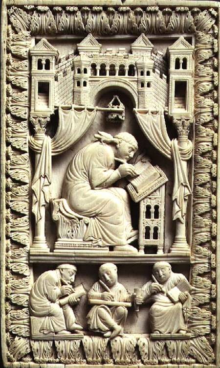 St. Gregory writing with scribes below, Carolingian from Franco-German School
