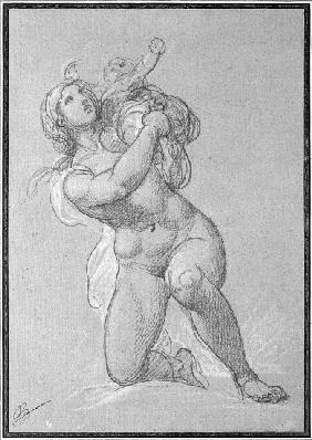 Kneeling nude woman holding a child