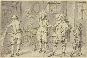 Ein Kavalier gefolgt von seinem Pagen, der seinen Degen trägt, lässt in einem Keller Wein probieren