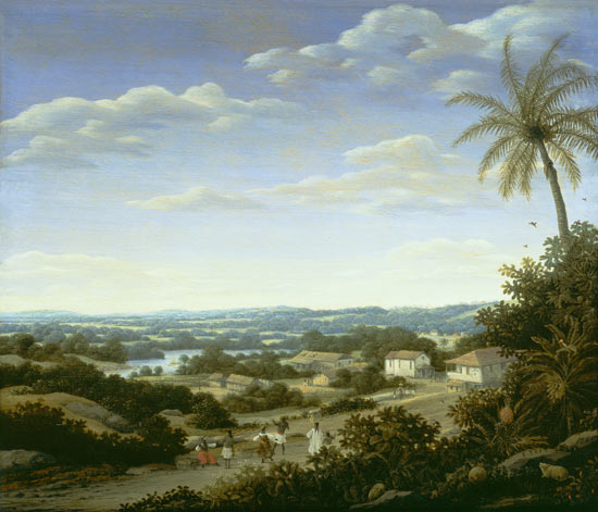 Brazilian landscape with natives on a road approaching a village from Frans Post
