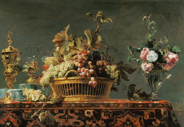 Grapes in a basket and roses in a vase from Frans Snyders