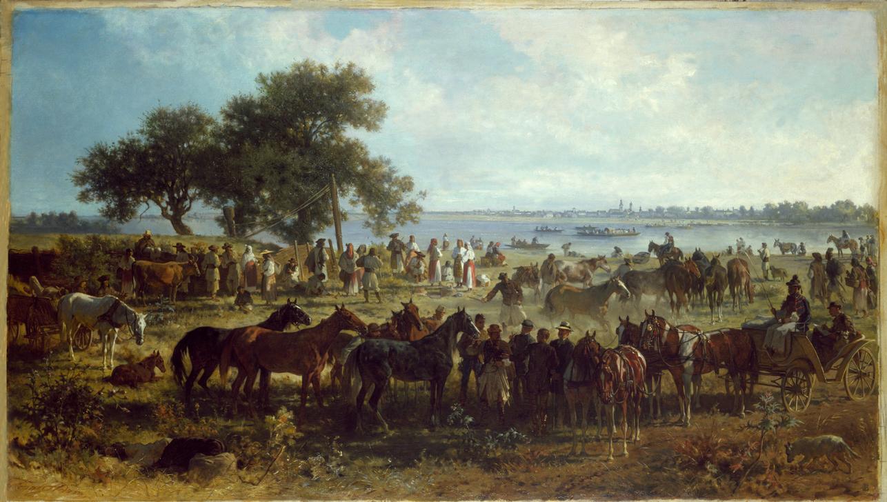 Schiffsfähre am Ufer der Theiss (Pferdemarkt am Ufer der Theiss) from Franz Adam