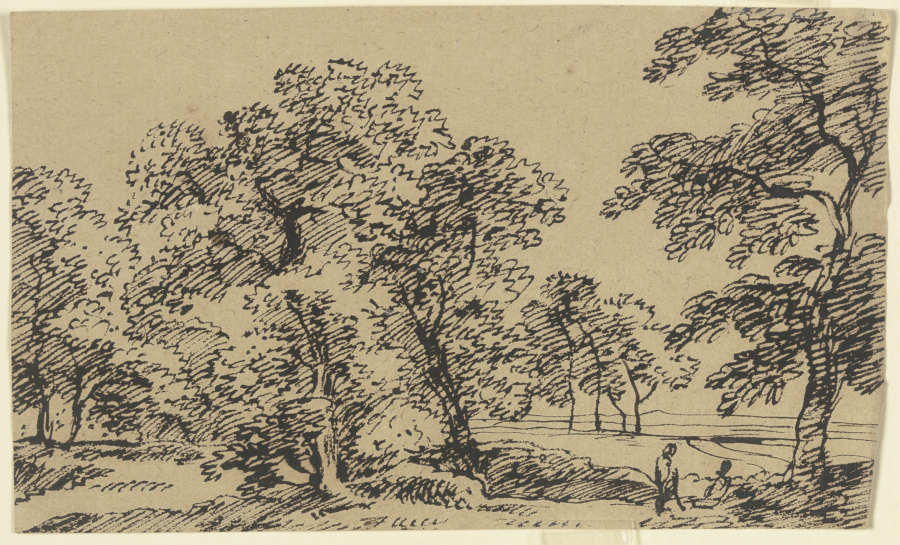 Baumbestandene Ebene, durch die sich ein Weg schlängelt, im Vordergrund rechts zwei rastende Wandere from Franz Innocenz Josef Kobell