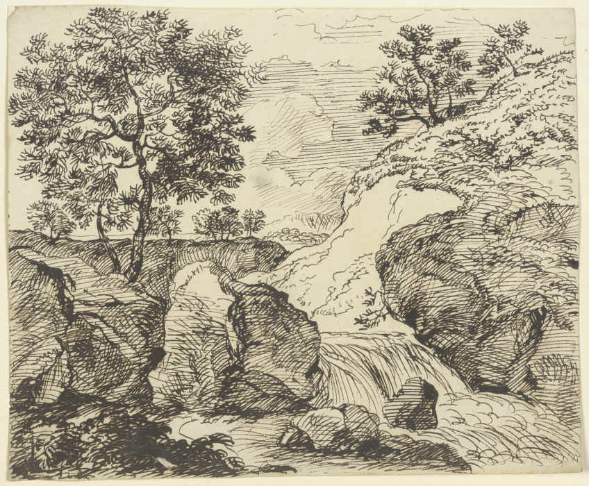 Erdrutsch an grasbewachsenem Hang an einem Fluss mit Wasserfall from Franz Innocenz Josef Kobell