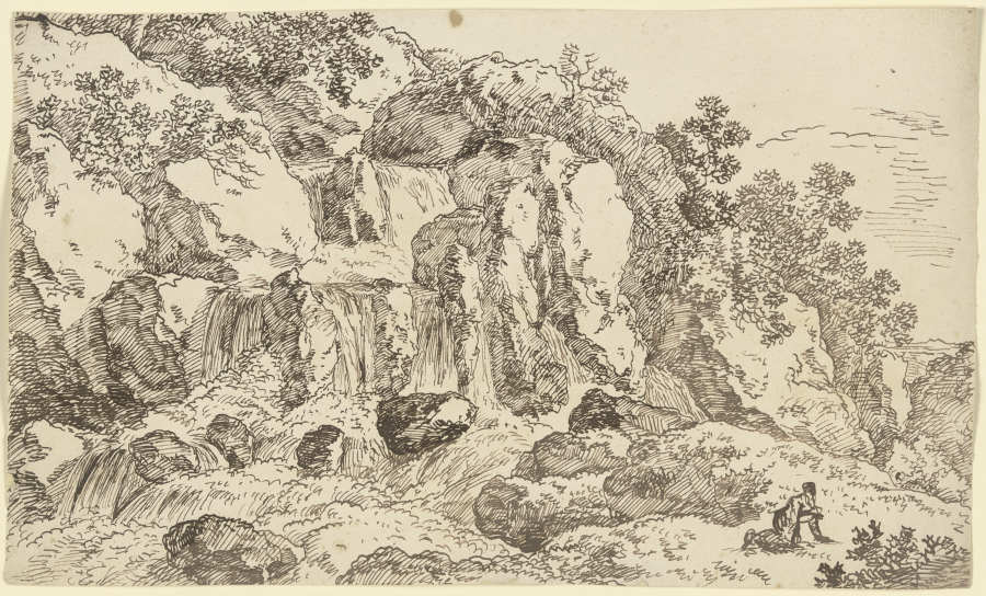 Felslandschaft mit Wasserfall, rechts eine auf allen Vieren kriechende Gestalt from Franz Innocenz Josef Kobell