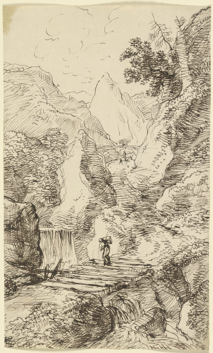 Gebirgslandschaft mit einem Wasserfall, im Vordergrund überquert ein Wanderer eine Holzbrücke from Franz Innocenz Josef Kobell