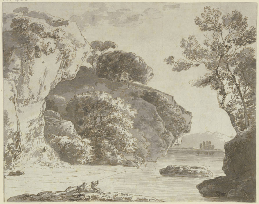 Gewässer bei hohen Felsen, im Vordergrund zwei Angler from Franz Innocenz Josef Kobell