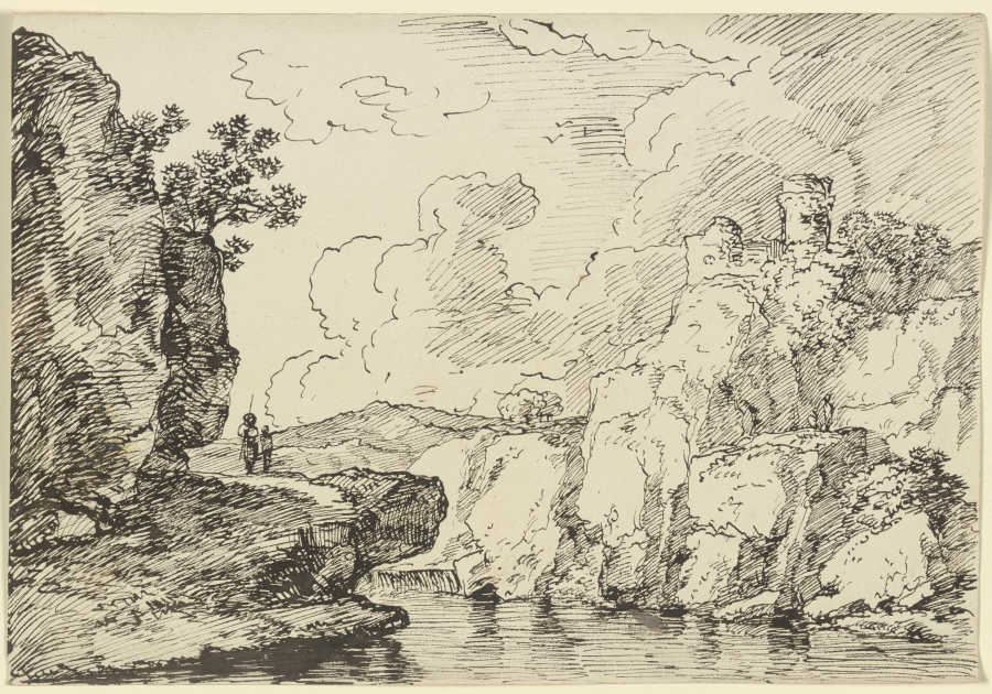 Gewässer, links auf dem Felsvorsprung zwei Wanderer, rechts auf dem Felssporn eine Burgruine from Franz Innocenz Josef Kobell
