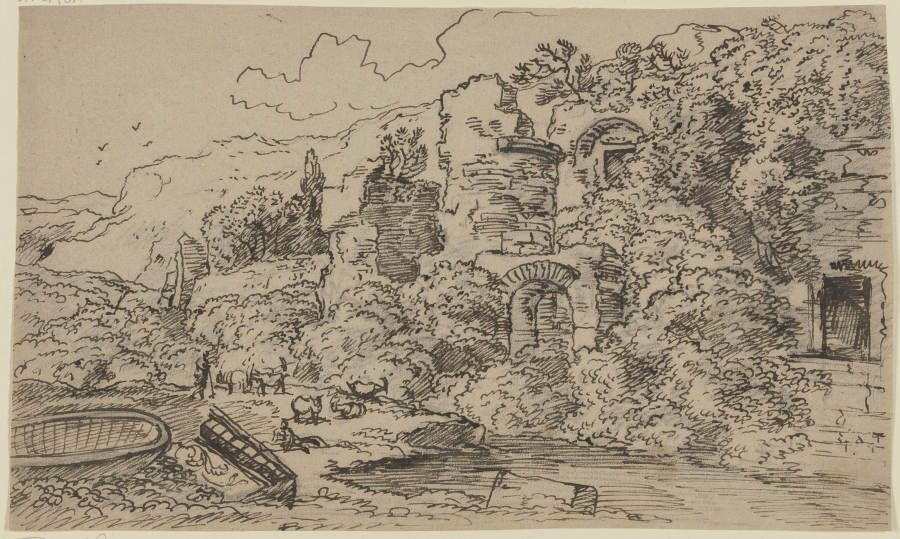 Hirte und Herde bei antiken Ruinen unter Bäumen from Franz Innocenz Josef Kobell