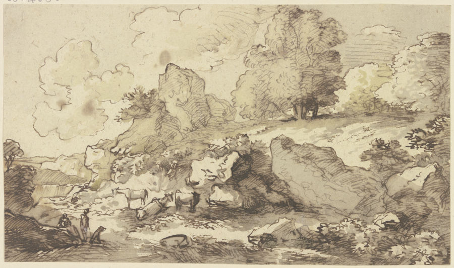 Hirten und Herde in felsiger, baumbestandener Landschaft from Franz Innocenz Josef Kobell
