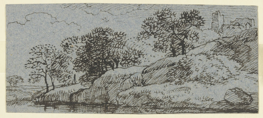 Uferböschung mit Bäumen, im Hintergrund eine Burgruine from Franz Innocenz Josef Kobell