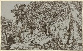 Zerklüftete Felswand, davor ein vor einem Kreuz Kniender, links eine Einsiedelei