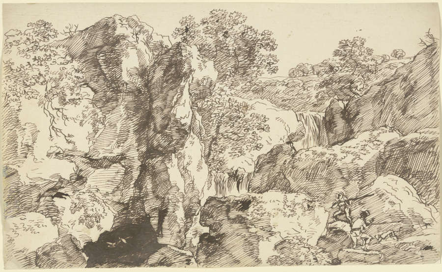 Zwei Jäger mit Hund in einer Felswand stehend from Franz Innocenz Josef Kobell