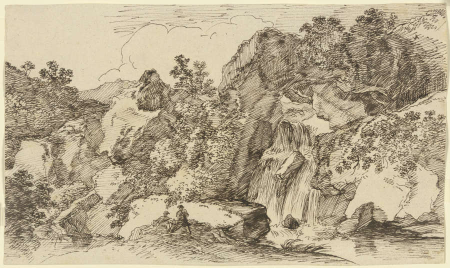 Zwei Wanderer am Wasserfall im Gebirge ruhend from Franz Innocenz Josef Kobell