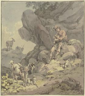 Schottischer Hirte mit seiner Ziegenherde vor einer Felswand sitzend, Dudelsack blasend