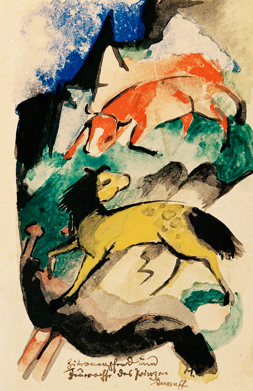 Lemon horse and fire ox of the prince Jussuff (on postcard to Else Lasker pupils) from Franz Marc