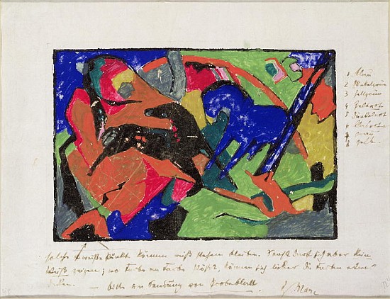 Two Horses, 1911-12 (hand coloured print) from Franz Marc
