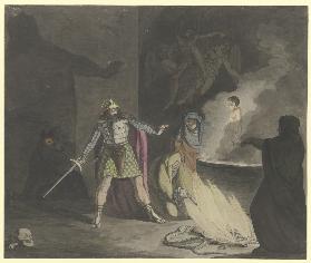 Die drei Hexen beschwören vor Macbeth ein blutiges Kind herauf
