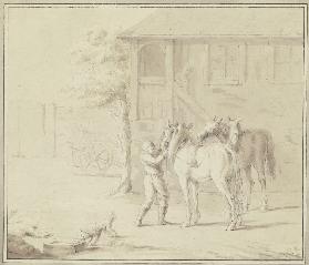 Zwei Pferde werden in einem Hofe von einem jungen Pferdeknecht angeschirrt, eine Frau kommt über die