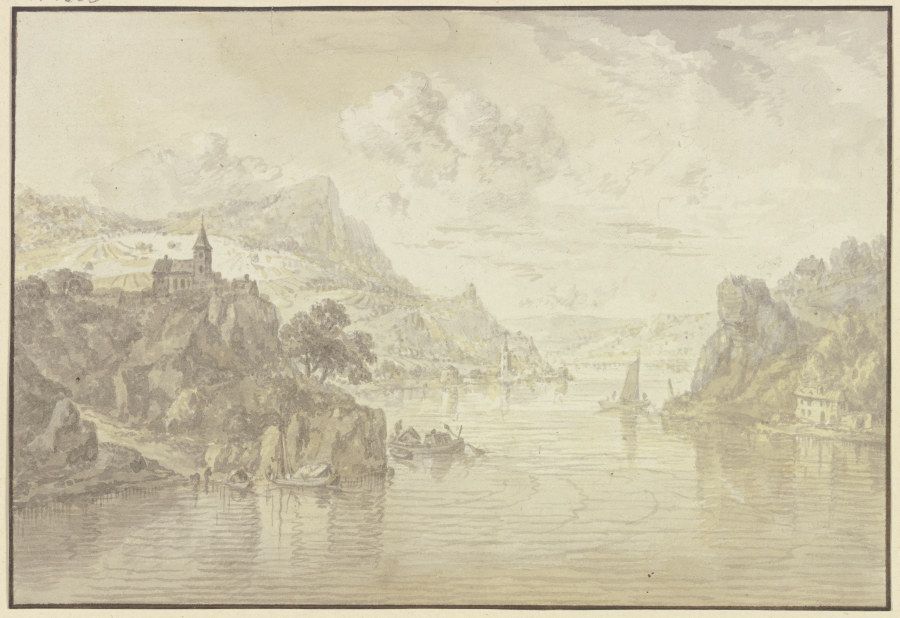 Blick in ein Flusstal mit felsigen Ufern, links auf einem Felsen eine Kirche from Franz Schütz